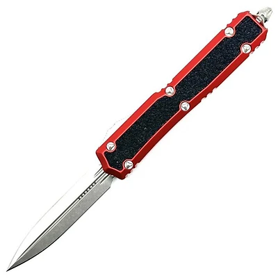 Microtech Makora Red w/ Black Traction Inlays OTF Knife Double Edge (3.3" Stonewash) 206-10RDS
