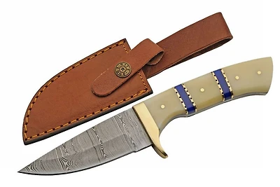 Damascus Admirals Blue Bone Handle Skinner Fixed Blade (9" Overall)