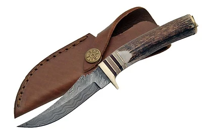 Damascus Slim Blade Skinner Stag Handle Fixed Blade (9" Overall)