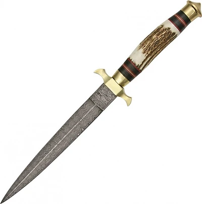 Damascus Cammando Dagger Stag Handle Fixed Blade (12.5" Overall)
