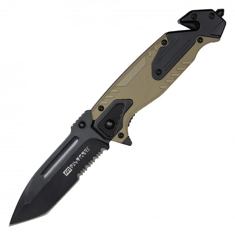 Milspec Tactical Rescue Tanto Serrated (Tan/Black) Handle A/O Pocket Knife [Black Blade]