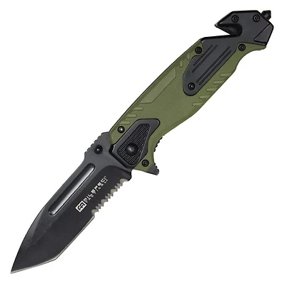 Milspec Tactical Rescue Tanto Serrated (Green/Black) Handle A/O Pocket Knife [Black Blade]