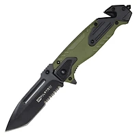 Milspec Tactical Rescue Tanto Serrated (Green/Black) Handle A/O Pocket Knife [Black Blade]