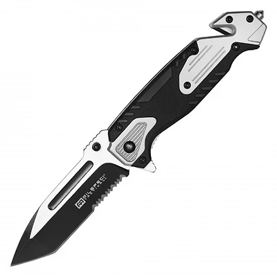 Milspec Tactical Rescue Tanto Serrated (Silver/Black) Handle A/O Pocket Knife [Black/Satin Blade]