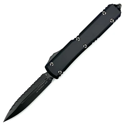 Microtech Ultratech All Black Tactical OTF Knife Double Edge Full Serrated (3.46" Black DLC) Signature Series 122-3DLCTS
