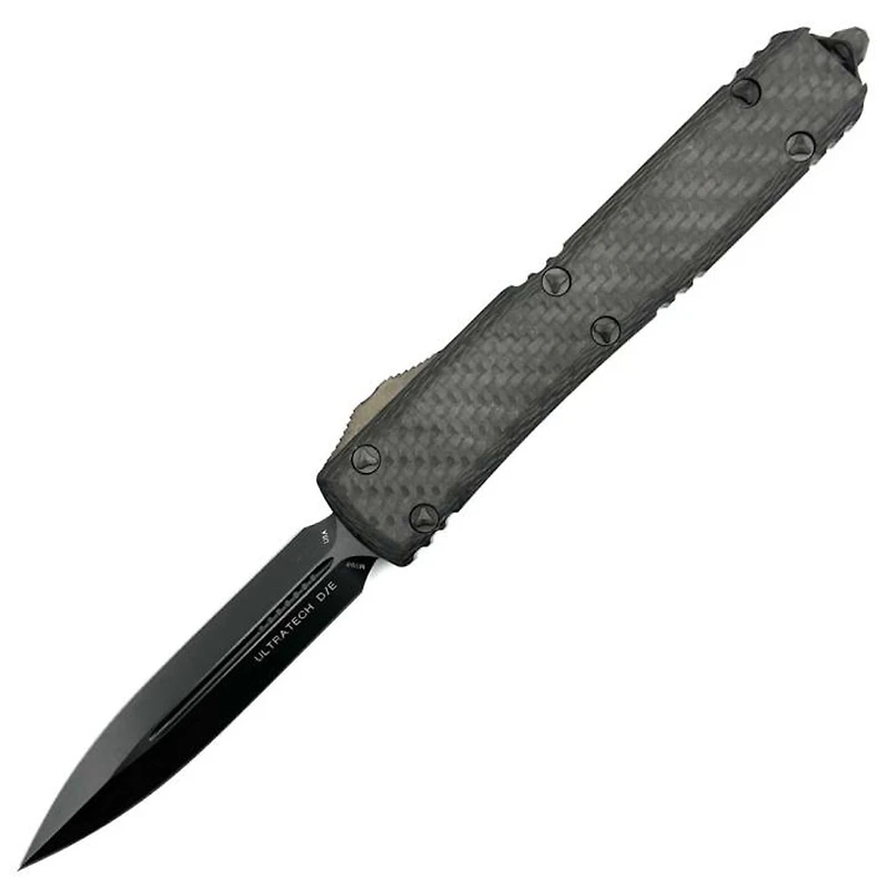 Microtech Ultratech Black Carbon Fiber OTF Knife Double Edge (3.46" Black DLC) Signature Series 122-1DLCTCFS