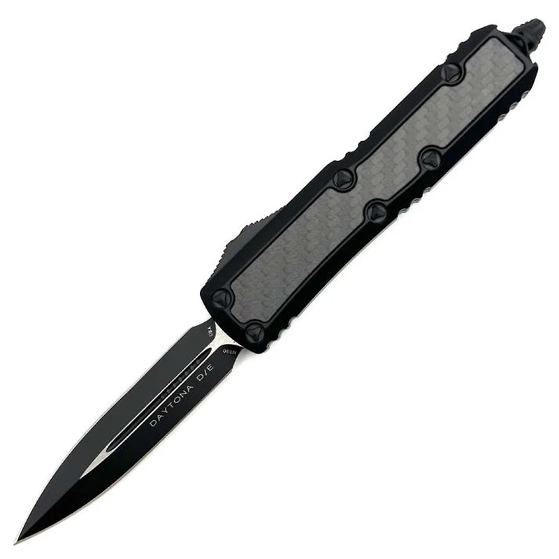 Microtech Daytona Black Carbon Fiber Inlay OTF Knife Double Edge (3.10" Black) Signature Series 126-1TCFIS