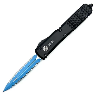 Microtech Ultratech Jedi Knight Black OTF Knife Double Edge Double Full Serrated (3.46" Blue) Signature Series 122-D3JK