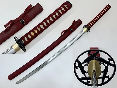 Leaf (RED) Wrapped Scabbard Handmade Samurai Sword (1045 Carbon)