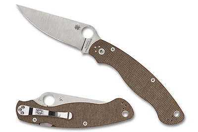 Military 2 Compression Lock Brown Canvas Micarta Knife (4" Satin CPM CruWear) Spyderco C36MPCW2