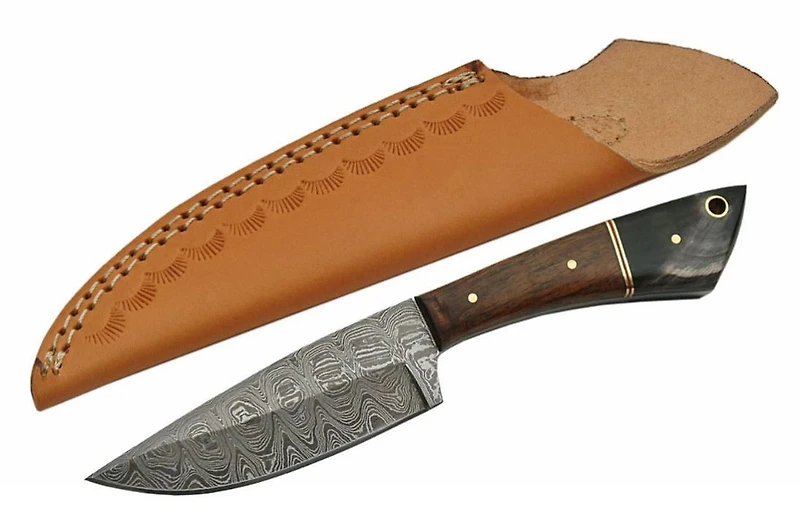 Damascus Walnut Horn Skinner Handle Fixed Blade (8" Overall)