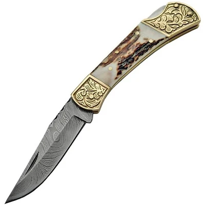Damascus Engraved Bolster Brass & Stag Grip Handle Folding Knife (3.25" Blade Length)