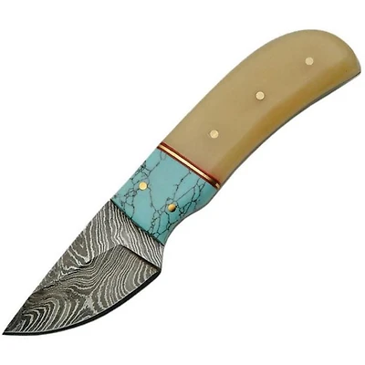 Damascus Skinner White Bone / Turquoise Handle Fixed Blade (5.5" Overall)