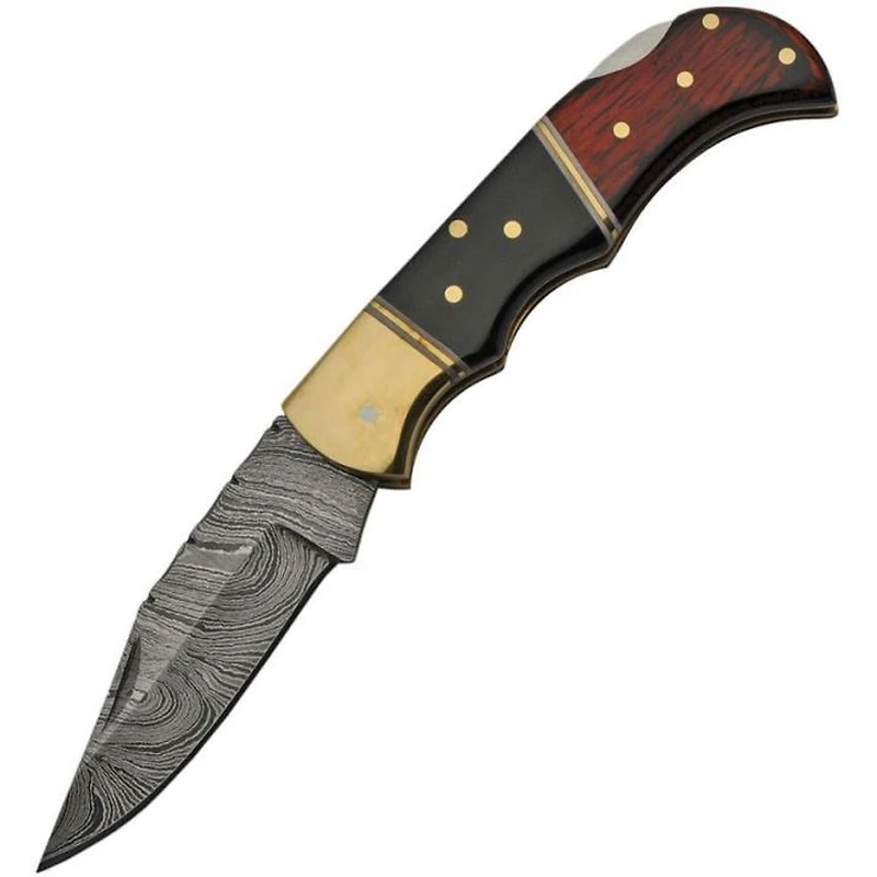 Damascus Wooden / Black Horn / Brass Handle Folding Knife (3" Blade Length)