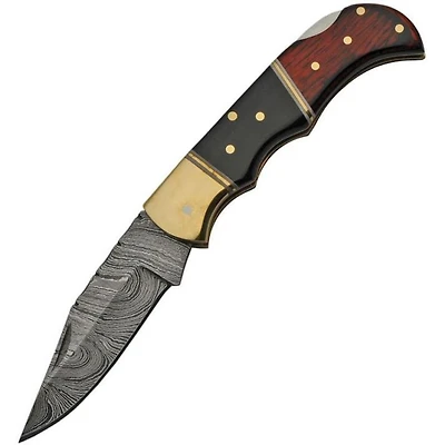 Damascus Wooden / Black Horn / Brass Handle Folding Knife (3" Blade Length)