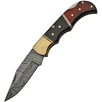 Damascus Wooden / Black Horn / Brass Handle Folding Knife (3" Blade Length)