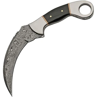 Damascus Karambit Black Horn Handle Fixed Blade (8.75" Overall)