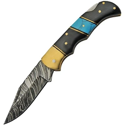 Damascus Turquoise / Black Horn / Brass Handle Folding Knife (3" Blade Length)