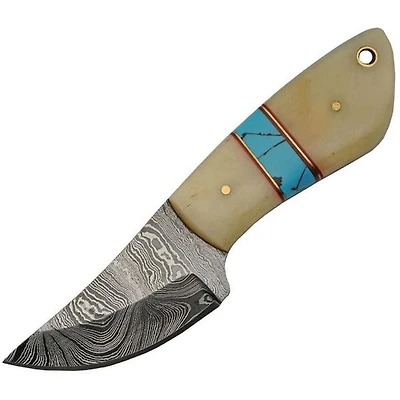 Damascus Skinner White Bone / Turquoise Handle Fixed Blade (6" Overall)