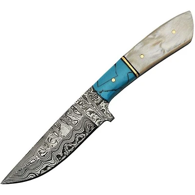 Damascus Turquoise / Faux Pearl Hunter Handle Fixed Blade (7.75" Overall)