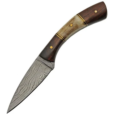 Damascus Patch Curved Skinner Wood / Stag Handle Fixed Blade (7" Overall)