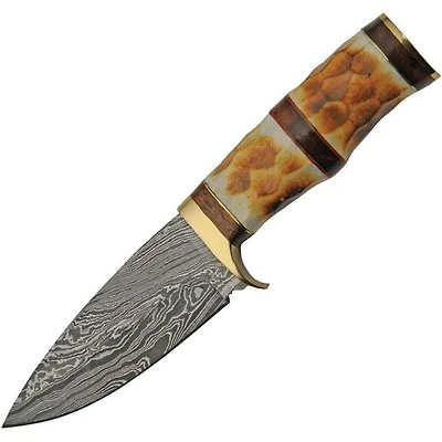 Damascus Flint Burnt Bone Hunter Handle Fixed Blade (9" Overall)