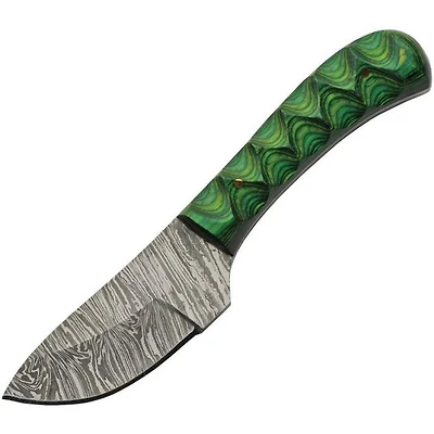 Damascus Boy's Skinner Emerald Black / Green Grooved Wood Handle Fixed Blade (6" Overall)