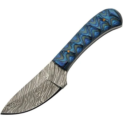 Damascus Boy's Skinner Sapphire Black / Blue Grooved Wood Handle Fixed Blade (6" Overall)