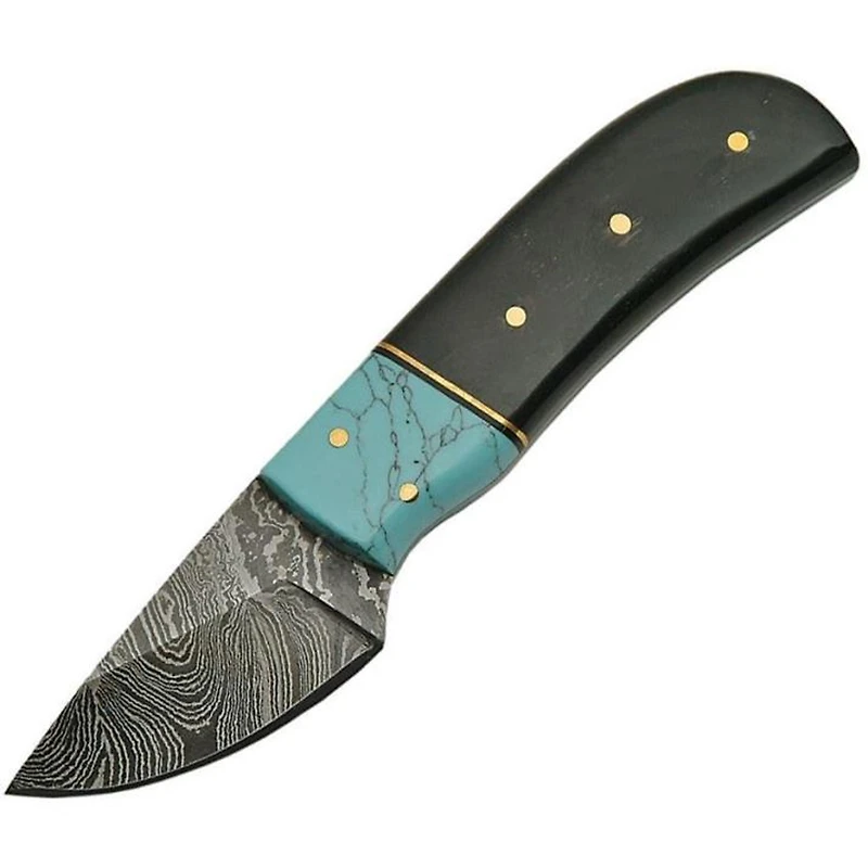 Damascus Skinner Black Horn / Turquoise Handle Fixed Blade (5.5" Overall)