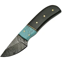 Damascus Skinner Black Horn / Turquoise Handle Fixed Blade (5.5" Overall)