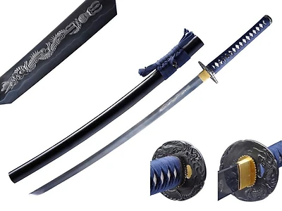 Dragon Engraved Blade Black Scabbard (Dark Blue Wrap) Hand Forge Katana Samurai Sword 41" [65Mn Spring Steel] Sharp