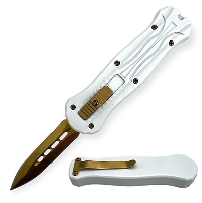 OTF (WHITE/GOLD) Double Edge Pocket Knife CA Legal