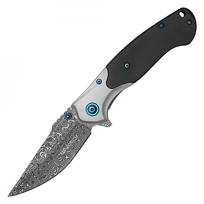 Wartech Classic (Black Wood Handle/Blue Accents) A/O Pocket Knife [3.25" Etched Damascus Blade]