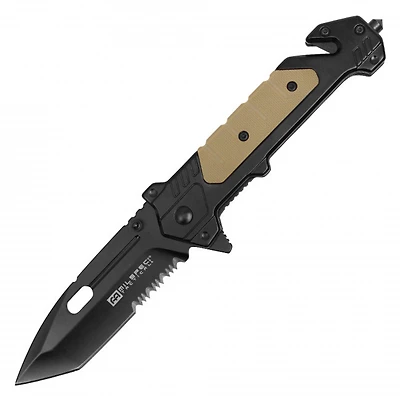 MilSpec Tanto Rescue (Tan ABS) Black Handle A/O Pocket Knife