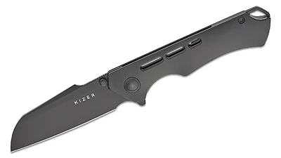 Crest Frame Lock Flipper [Black Contoured Slot Milled Titanium] Pocket Knife (3.03" Black S35VN) Kizer Cutlery Ki3714A2