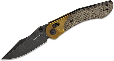 Mini Mystic (Black Burlap Micarta Handle with Ultem Bolsters) Clutch Lock Pocket Knife [3.2" Black 154CM] Kizer Cutlery V3636C1