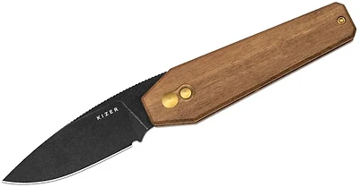 Tomb Button Lock Front Flipper [Mkuruti Wood Handle] Pocket Knife (3.21" Black Stonewashed Nitro-V) Kizer Cutlery V3692A4