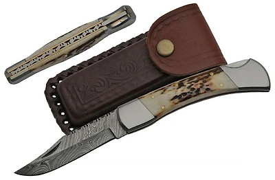 Damascus Double Silver Bolster & Stag Grip Handle Folding Knife (5" Closed)