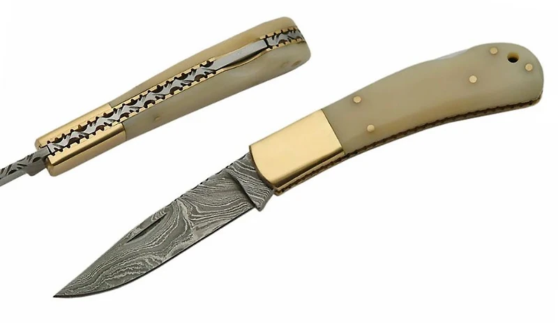 Damascus Single Brass Bolster & Bone Handle Folding Knife (4" Closed)