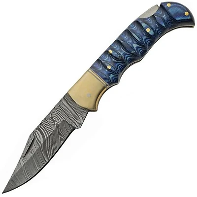 Damascus Sapphire Grooved Lockback Blue Wood Handle Folding Knife (4" Closed)