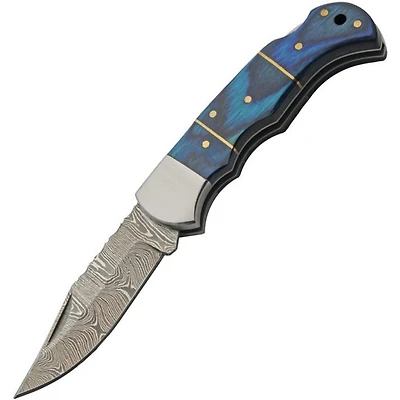 Damascus Blue Wood Steel Bolster Handle Folding Knife (3.75" Closed)