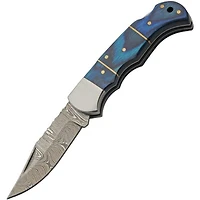 Damascus Blue Wood Steel Bolster Handle Folding Knife (3.75" Closed)