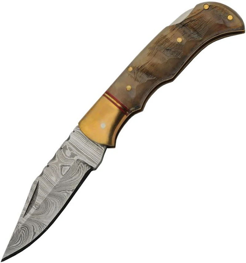 Damascus Ram Horn Brass Bolster Handle Folding Knife (3.75" Closed)