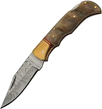 Damascus Ram Horn Brass Bolster Handle Folding Knife (3.75" Closed)