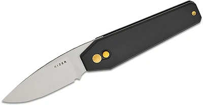 Tomb Button Lock Front Flipper [Black Aluminum Handle] Pocket Knife (3.21" Satin Nitro-V) Kizer Cutlery V3692A2