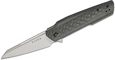 Maciej Torbe Skinner Flipper [Black Micarta Handle] Liner Lock Pocket Knife [3.32" Stonewashed Nitro-V] Kizer Cutlery V3725A2