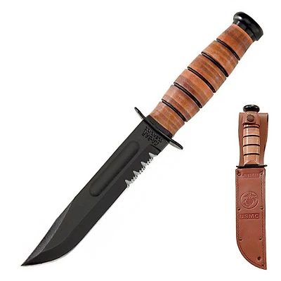 Ka-Bar USMC Fixed Blade Knife Brown Leather [7.00" Serrated Black] Clip Point KA1218