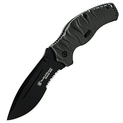 S&W Black Ops 4 Spring Assisted Knife Liner Lock Gray Aluminum [3.35" Black Serrated]]