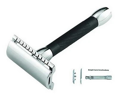 Merkur Double Edge Safety Razor, Straight Cut, Chrome, Black Handle