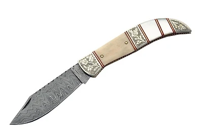 White Bone Damascus Folding Pocket Knife